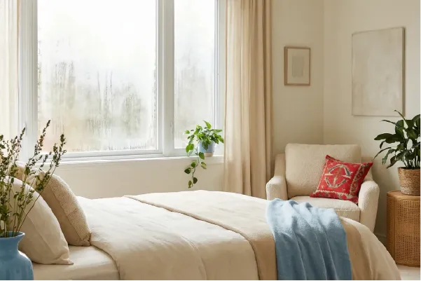 Condensación en las ventanas de un dormitorio