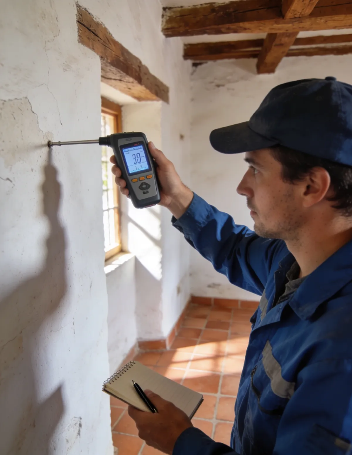 Técnico HUMIX midiendo la humedad de un muro antiguo en Almagro